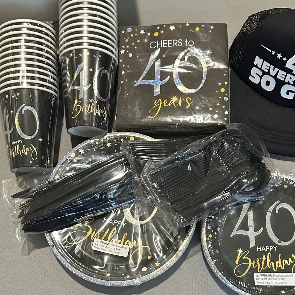 40th Birthday Party Supplies Set - Black and Gold